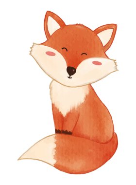 Fox oturuyor. Suluboya boya tasarımı. Sevimli hayvan çizgi film karakteri. Vektör .