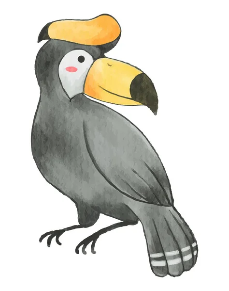 Pássaro Hornbill Design Tinta Aquarela Personagem Desenho Animado Animal Bonito — Vetor de Stock