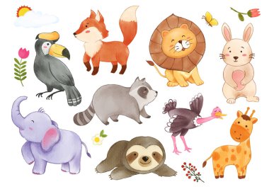 Vahşi hayvanların ve bitki elementlerinin toplanması. Suluboya çizgi film karakteri tasarımı. Vektör .