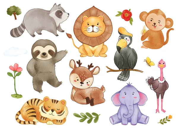 Sběr Volně Žijících Živočichů Rostlinných Prvků Akvarel Malování Kreslený Charakter — Stockový vektor