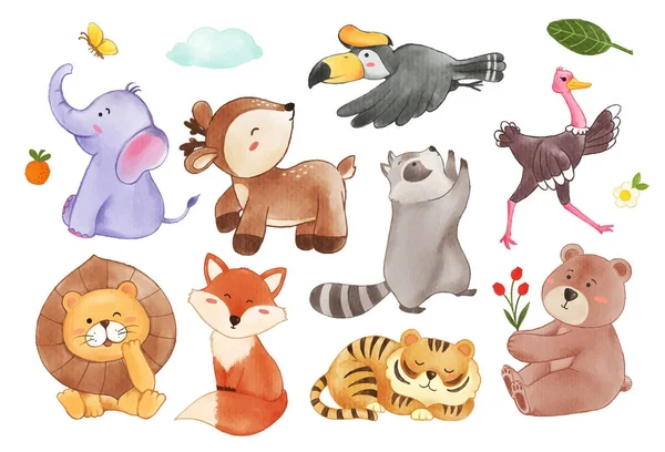 Colección Animales Silvestres Elementos Vegetales Acuarela Pintura Dibujos Animados Diseño — Vector de stock