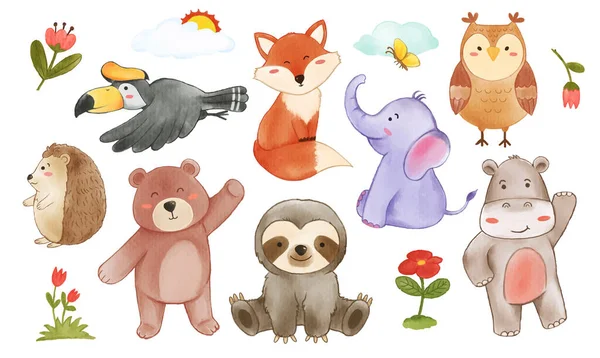 Sběr Volně Žijících Živočichů Rostlinných Prvků Akvarel Malování Kreslený Charakter — Stockový vektor