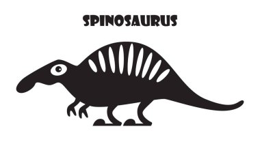 Spinosaurus . Şirin dinozor çizgi film karakterleri. Silüet siyah izole renk. Düz dizayn. Vektör illüstrasyonu .