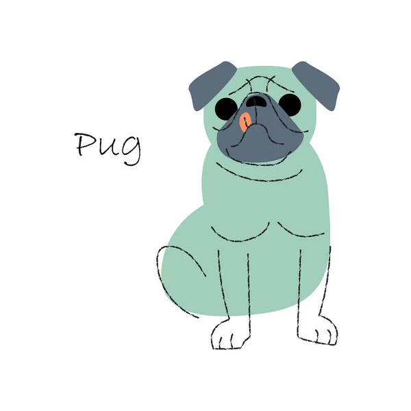 Pug Cute Dog Cartoon Characters Flat Shape Line Stroke Design — Stock Vector
