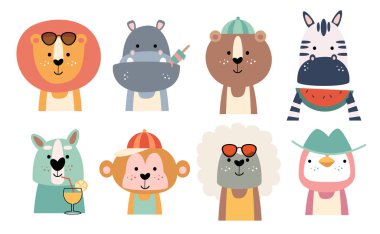 Yazlık kostümlü bir grup vahşi hayvan. Vektör illüstrasyonu .