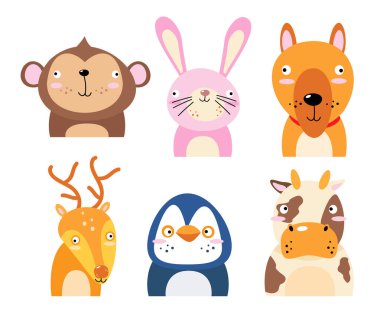 Set of wildlife animals . Dumb face . Vector illustration .