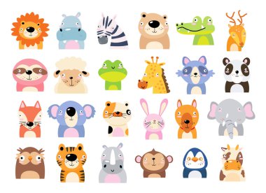 Set of wildlife animals . Dumb face . Vector illustration .