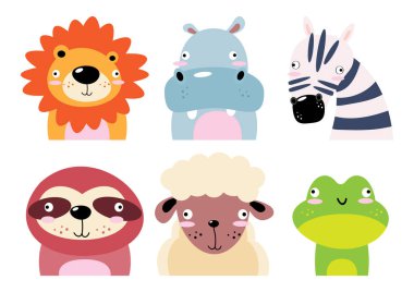 Set of wildlife animals . Dumb face . Vector illustration .