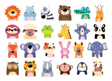 Set of wildlife animals . Dumb face . Vector illustration .