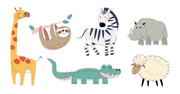 Animales Vida Silvestre Set Forma Plana Diseño Dibujo Línea Lápiz — Vector de stock