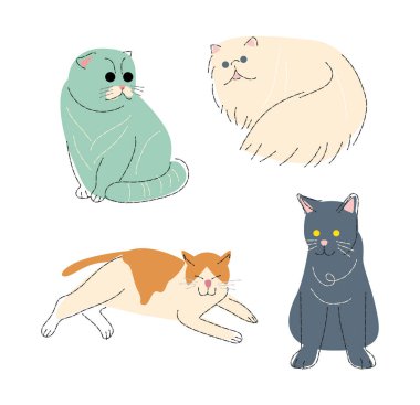 Kedi yetiştirir. Set 3. Düz şekil ve kalem çizim tasarımı. Vektör .