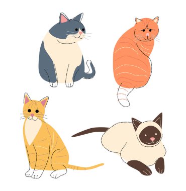 Kedi çiftleşir. Set 2. Düz şekil ve kalem çizim tasarımı. Vektör .