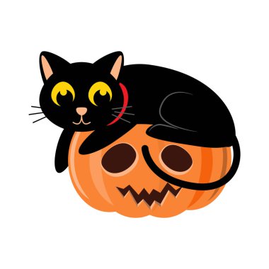 Kara kedi ve Cadılar Bayramı balkabağı. Çizgi film karakteri. Vektör illüstrasyonu .