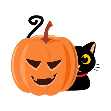 Kara kedi ve Cadılar Bayramı balkabağı. Çizgi film karakteri. Vektör illüstrasyonu .