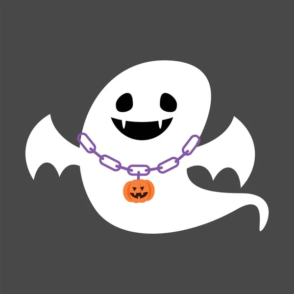 Roztomilý Bílý Duch Nosí Dýňový Náhrdelník Halloween Kreslená Postava Plochý — Stockový vektor