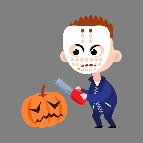 Assassino Segura Motosserra Bonito Personagens Desenhos Animados Halloween Vetor —  Vetores de Stock