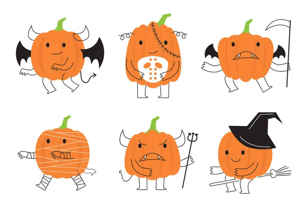Set Zucca Con Costume Halloween Linea Arte Cartone Animato Personaggio — Vettoriale Stock