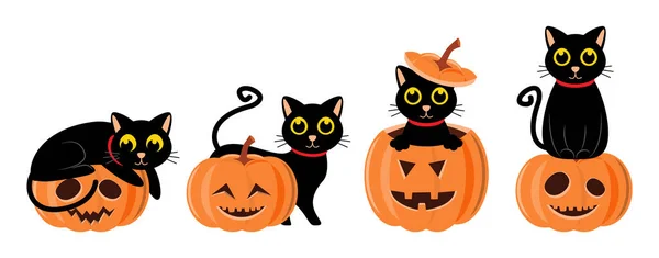 Zestaw Cute Czarny Kot Rzeźbione Dyni Koncepcja Halloween Wektor — Wektor stockowy
