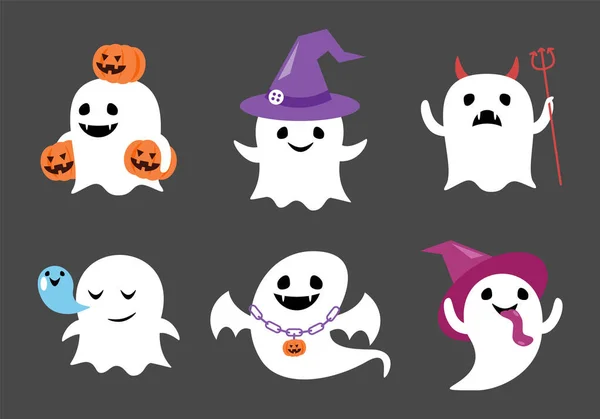 Conjunto Alma Fantasma Com Traje Halloween Personagens Desenhos Animados Design — Vetor de Stock