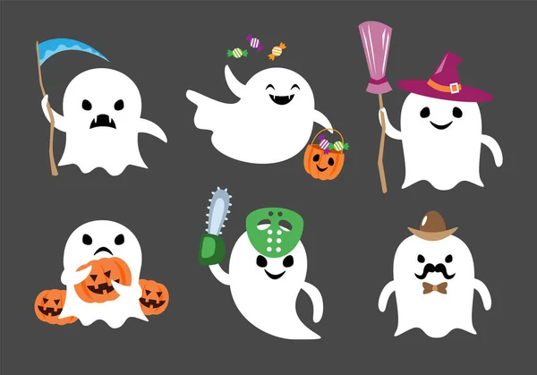 Set Anima Fantasma Con Costume Halloween Personaggi Dei Cartoni Animati — Vettoriale Stock