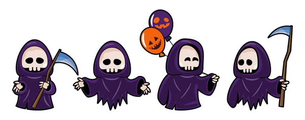 Sada Roztomilých Kreslených Postaviček Smrtky Halloween Koncept Izolovat Bílé Pozadí — Stockový vektor