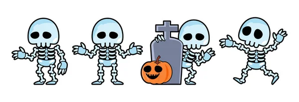 Conjunto Bonitos Esqueleto Fantasma Personagens Desenhos Animados Conceito Halloween Isolar — Vetor de Stock