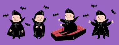 Bir dizi şirin Drakula vampiri. Cadılar Bayramı çizgi film karakterleri. Çizim stili. Vektör.
