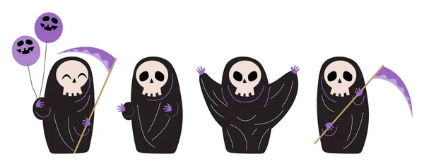 Ensemble Mignon Faucheur Grim Personnages Dessins Animés Halloween Style Dessin — Image vectorielle
