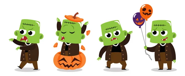 Ensemble Frankenstein Mignon Personnages Dessins Animés Halloween Vecteur — Image vectorielle