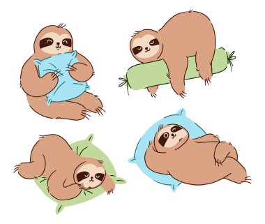 Tembel ayılar yastığın üzerinde uyurlar. El çizimi stili. Beyaz arka planı izole eder. Vektör .