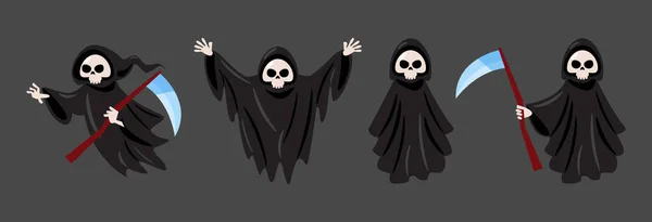 Conjunto Grim Reaper Personagens Desenhos Animados Halloween Fundo Cinzento Isolado — Vetor de Stock