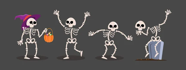 Conjunto Fantasma Esqueleto Personagens Desenhos Animados Halloween Fundo Cinzento Isolado —  Vetores de Stock