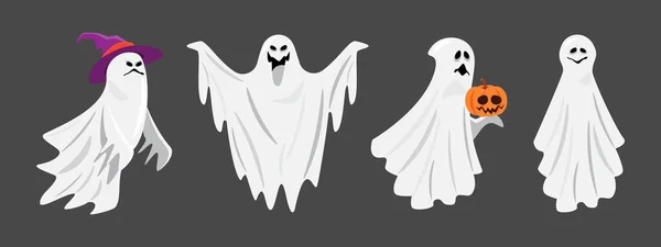 Conjunto Fantasma Pano Branco Personagens Desenhos Animados Halloween Fundo Cinzento —  Vetores de Stock