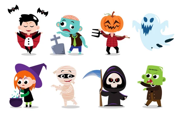 Lindos Personajes Dibujos Animados Halloween Fondo Blanco Aislado Vector Conjunto — Archivo Imágenes Vectoriales