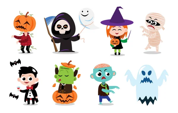 Carino Halloween Personaggi Dei Cartoni Animati Sfondo Bianco Isolato Vettore — Vettoriale Stock