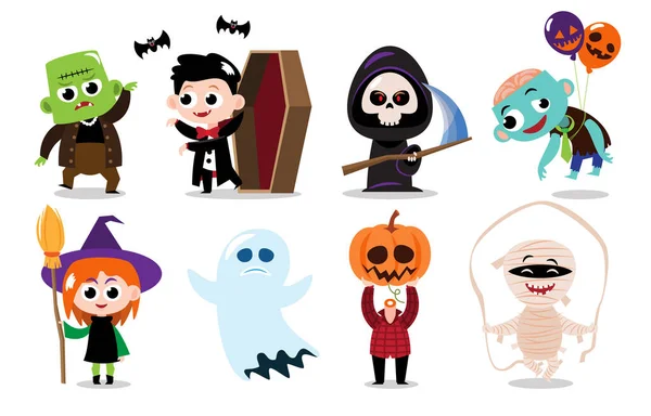 Bonito Personagens Desenhos Animados Halloween Fundo Isolado Branco Vector Conjunto — Vetor de Stock