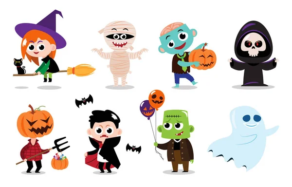 Lindos Personajes Dibujos Animados Halloween Fondo Blanco Aislado Vector Conjunto — Archivo Imágenes Vectoriales
