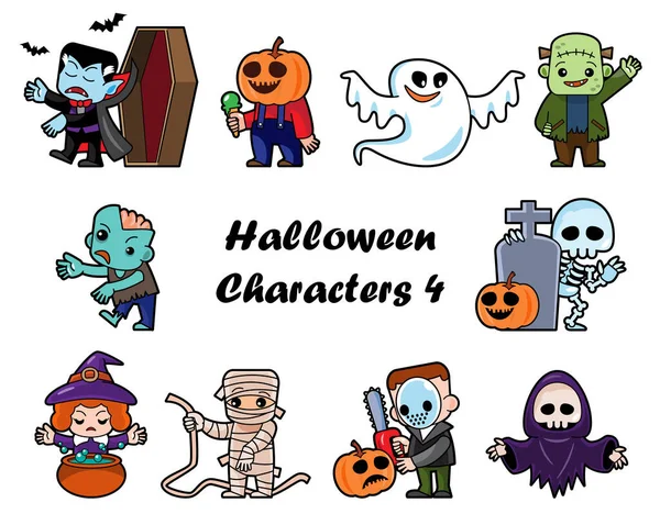 Leuke Halloween Stripfiguren Witte Geïsoleerde Achtergrond Vector Set Van — Stockvector
