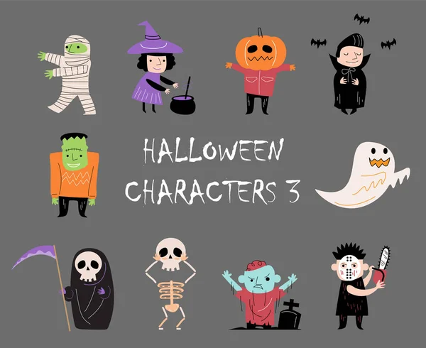Doodle Tarzı Cadılar Bayramı Çizgi Film Karakterleri Gri Arka Plan — Stok Vektör