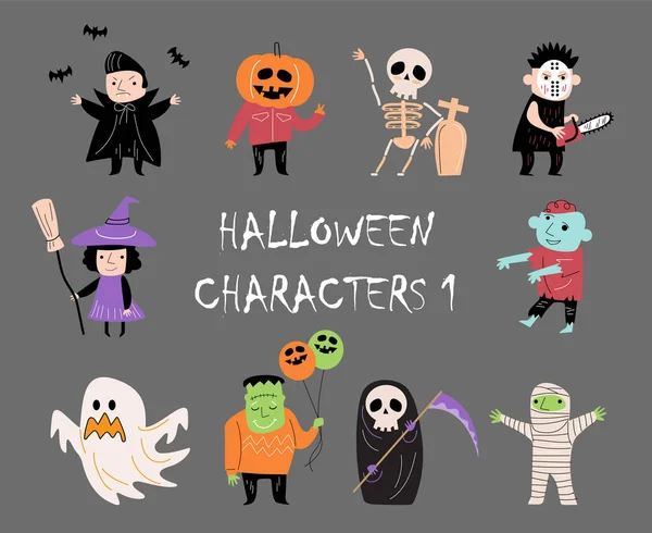 Doodle Estilo Halloween Personagens Desenhos Animados Fundo Cinzento Isolado Vector —  Vetores de Stock
