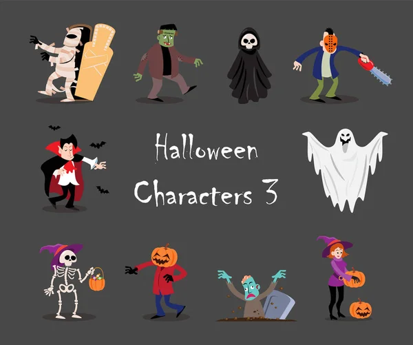 Personnages Dessins Animés Halloween Isoler Fond Gris Vecteur Set — Image vectorielle