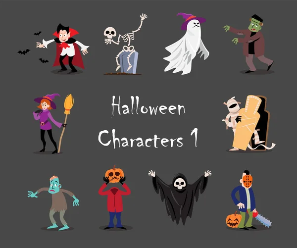 Personnages Dessins Animés Halloween Isoler Fond Gris Vecteur Set — Image vectorielle