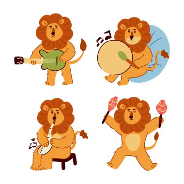 Aslan. Bir dizi sevimli çizgi film karakteri. El çizimi stili. Beyaz arka planı izole eder. Vektör. Müzik konsepti .