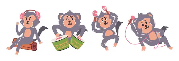 Macacos Estão Tocar Música Personagens Desenhos Animados Bonitos Estilo Desenhado — Vetor de Stock