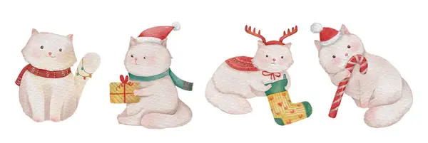 Gato Com Traje Natal Aquarela Pintar Personagens Desenhos Animados Conjunto — Vetor de Stock