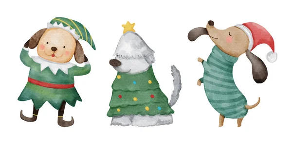Dog Christmas Costume Watercolor Paint Cartoon Characters Set Vector — Stock Vector