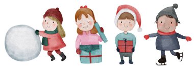Noel kostümlü çocuklar. Suluboya çizgi film karakterleri. 5 'te 4 yap. Vektör .