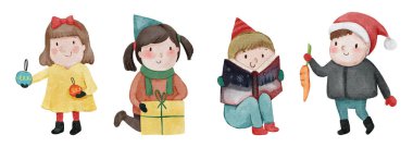 Noel kostümlü çocuklar. Suluboya çizgi film karakterleri. 5 'te 3 yap. Vektör .