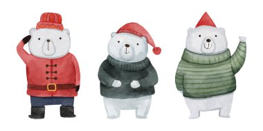 Noel kostümlü kutup ayısı. Suluboya çizgi film karakterleri. İzole edilmiş. Sekizde bir. Vektör .