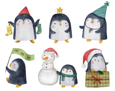 Penguen. Noel teması. Suluboya çizgi film karakterleri. İzole edilmiş. 4 'te 3 yap. resimleme .